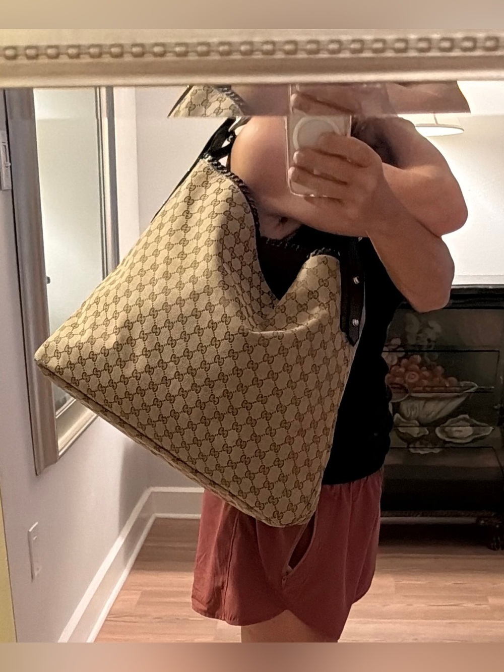 ICONIC VTG GUCCI Large GG Canvas Horsebit Hobo Bag w Leather Trim - EVC w Duster